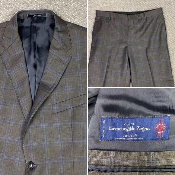 Saks Fifth Avenue Ermenegildo Zegna Cloth Suit 42R Pants 36 Brown Blue Wool - Picture 1 of 16